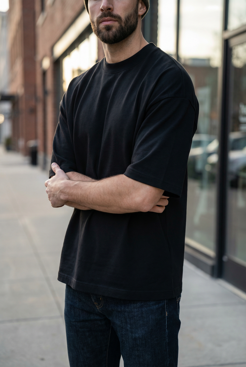 Men's Urban Classic Drop Shoulder T-Shirt – 240 GSM Heavyweight Cotton, Deep Matte Black