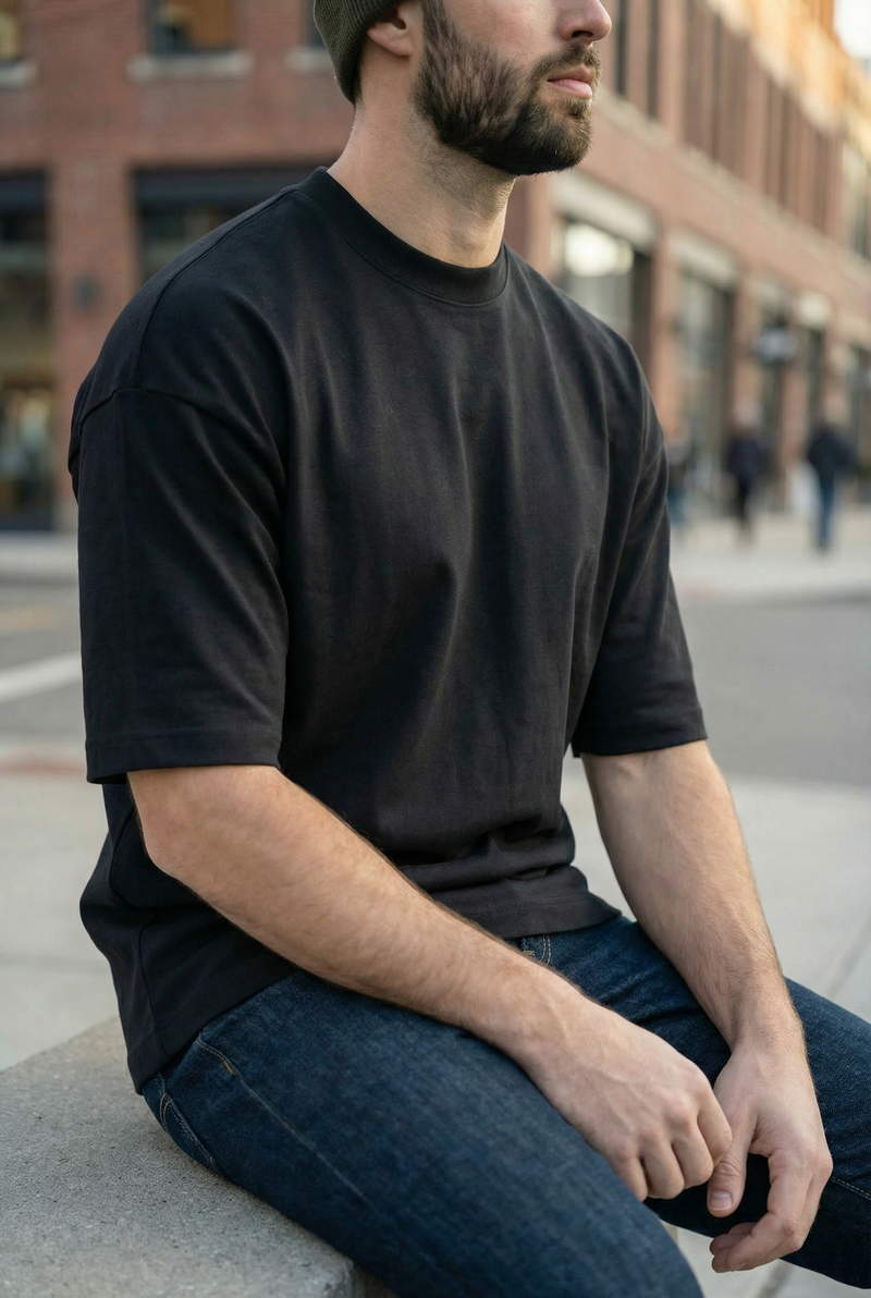Men's Urban Classic Drop Shoulder T-Shirt – 240 GSM Heavyweight Cotton, Deep Matte Black