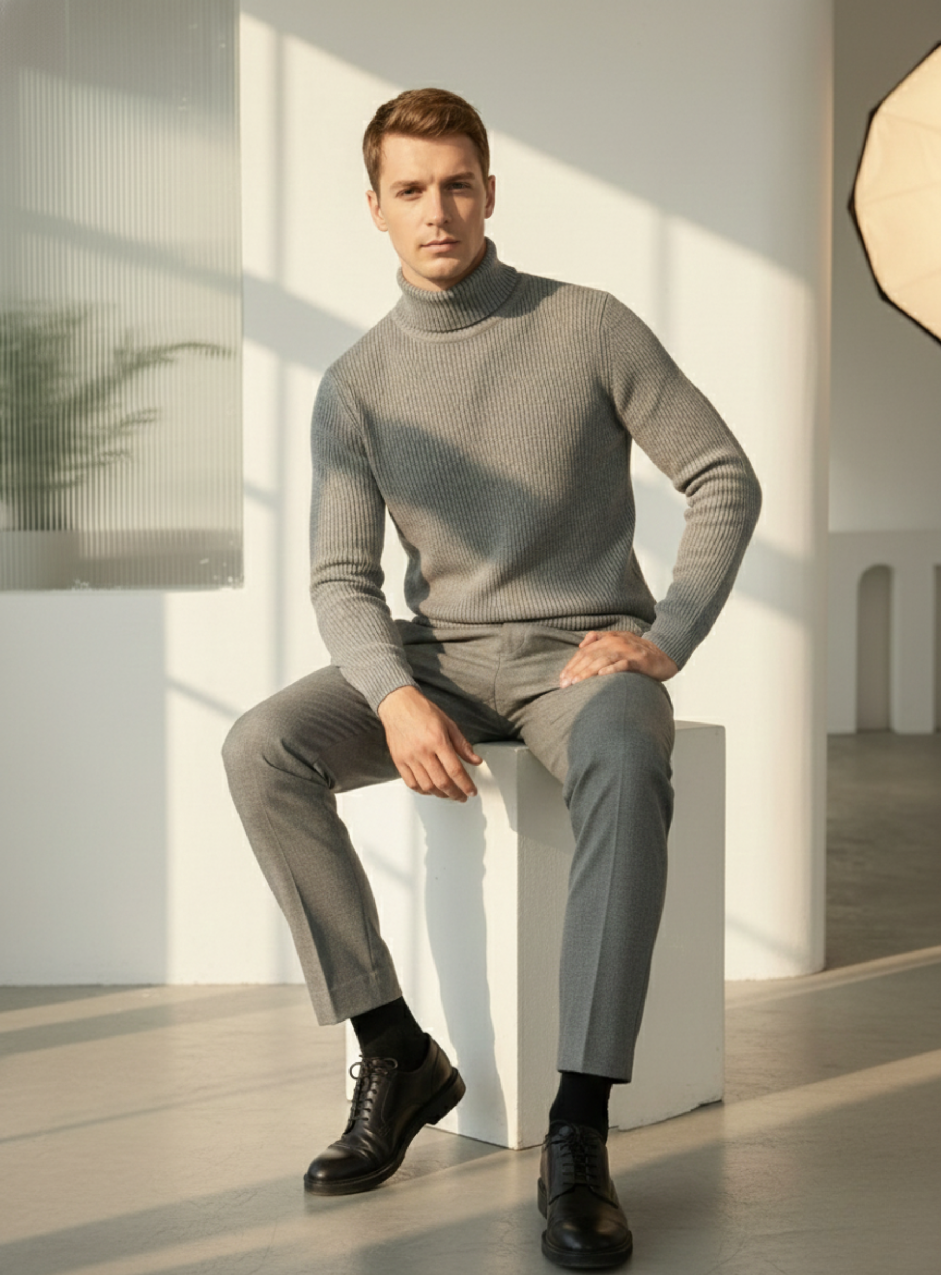 Turtleneck Men's Sweater Ribbed Grey