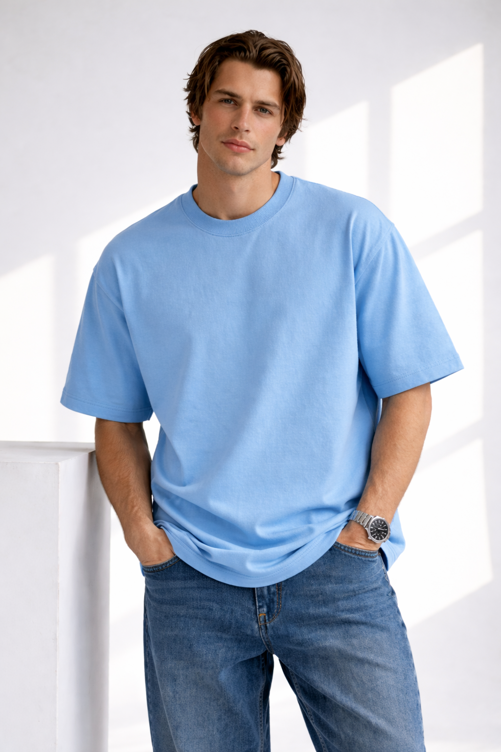 Men's Urban Elite Vibe Relaxed Fit / Loose Fit (Oversized) Heavy Cotton T-Shirt – Sky Blue