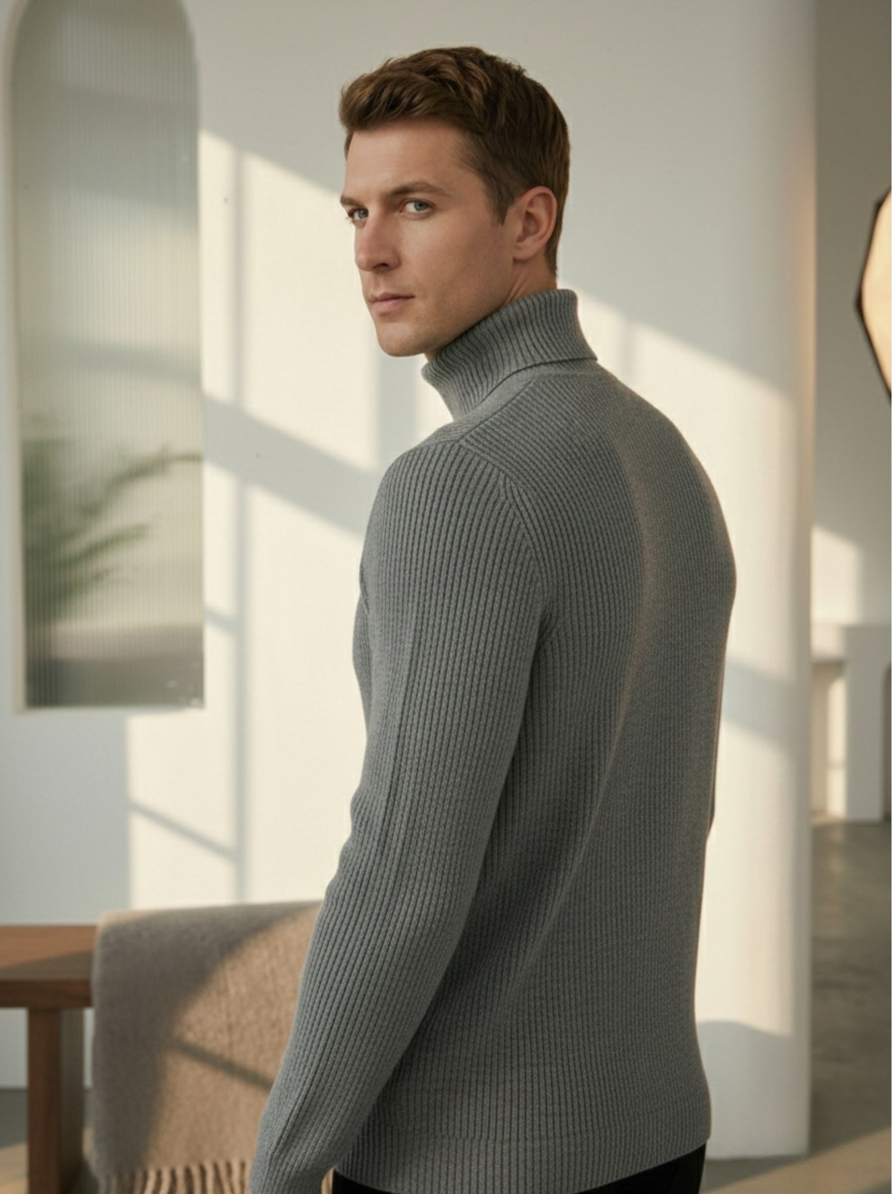 Turtleneck Men's Sweater Ribbed Grey