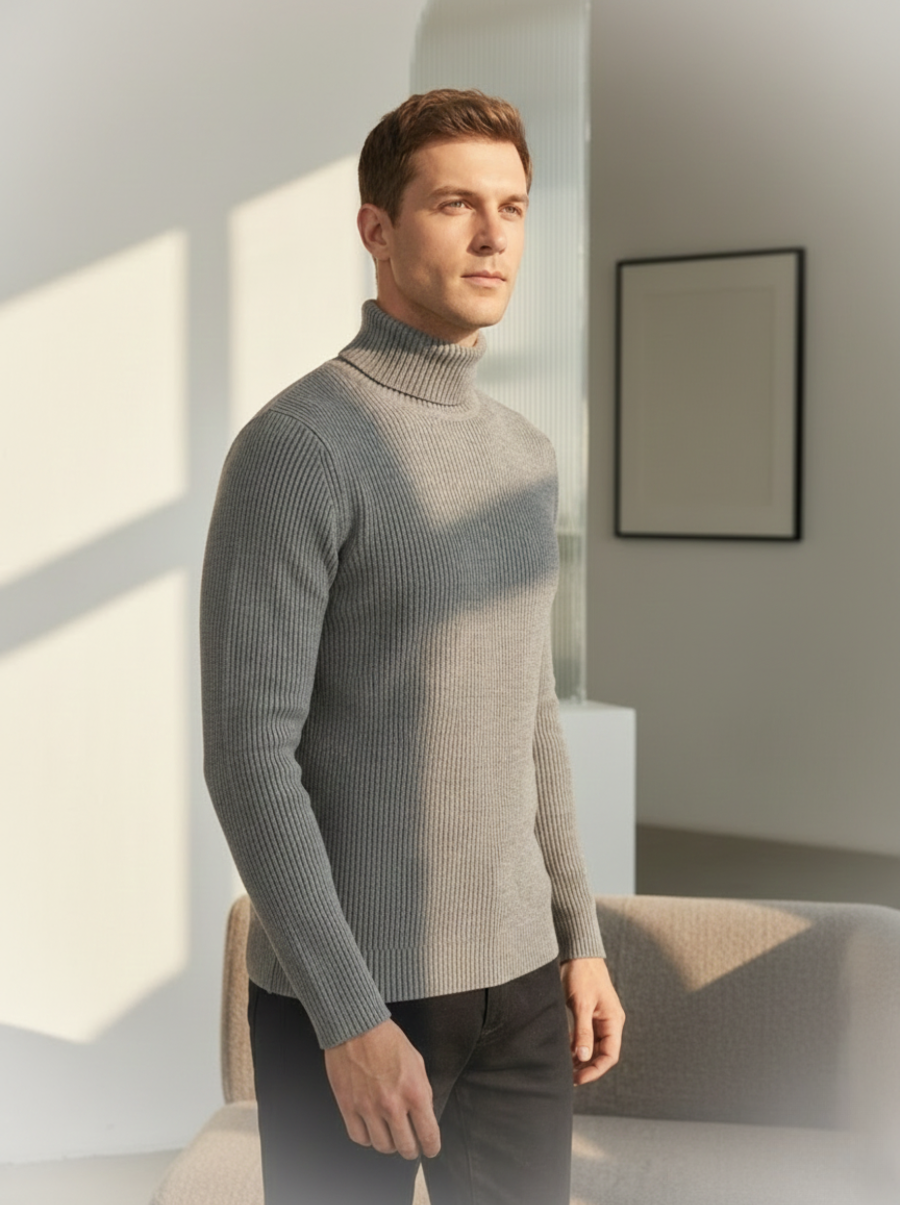 Turtleneck Men's Sweater Ribbed Grey