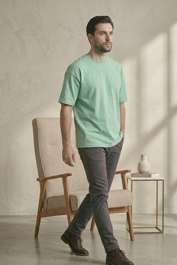 Men's T-Shirt – Classic Heavy Cotton Relaxed Fit / Loose Fit (Oversized) (Light Green)