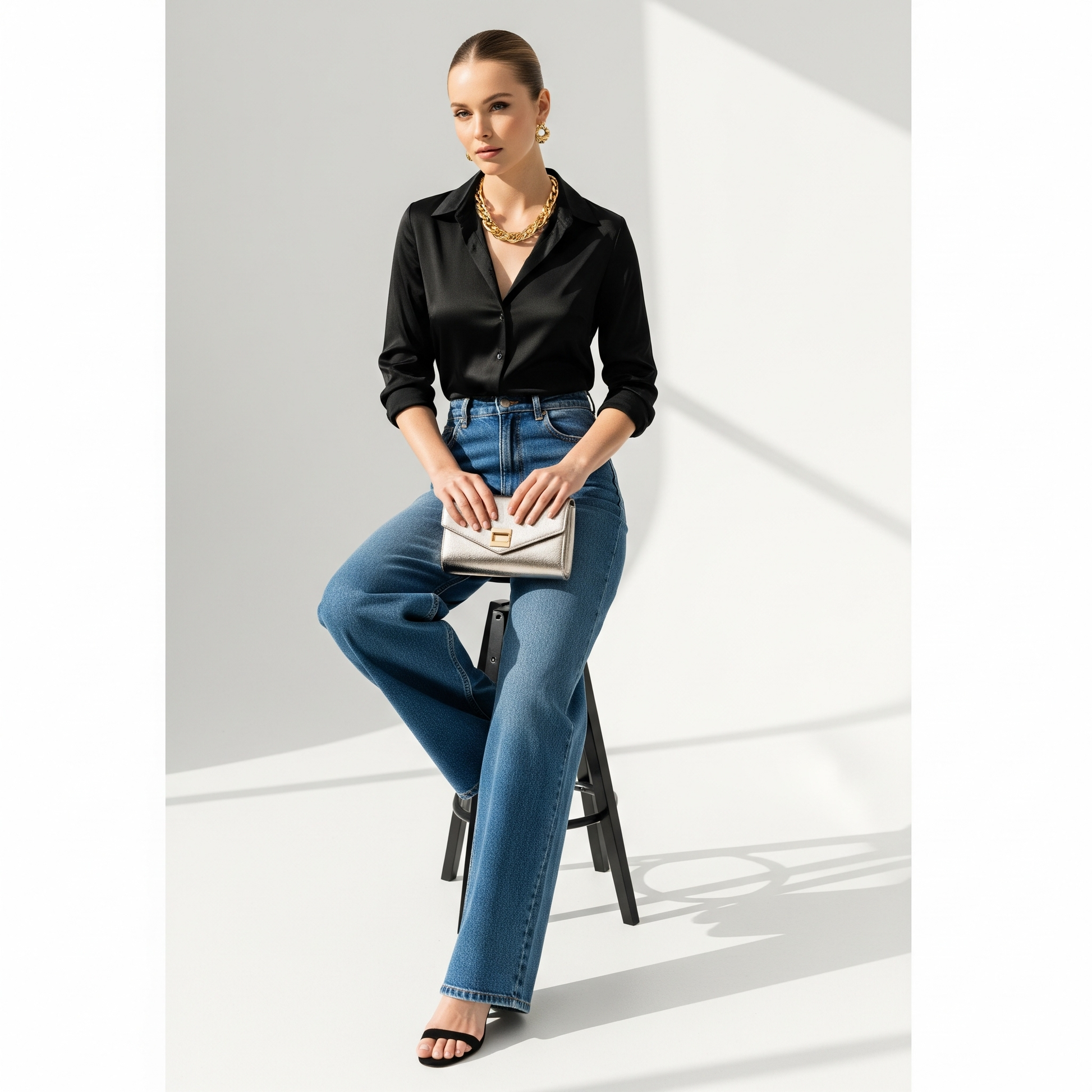 Women's Satin Shirts - Black