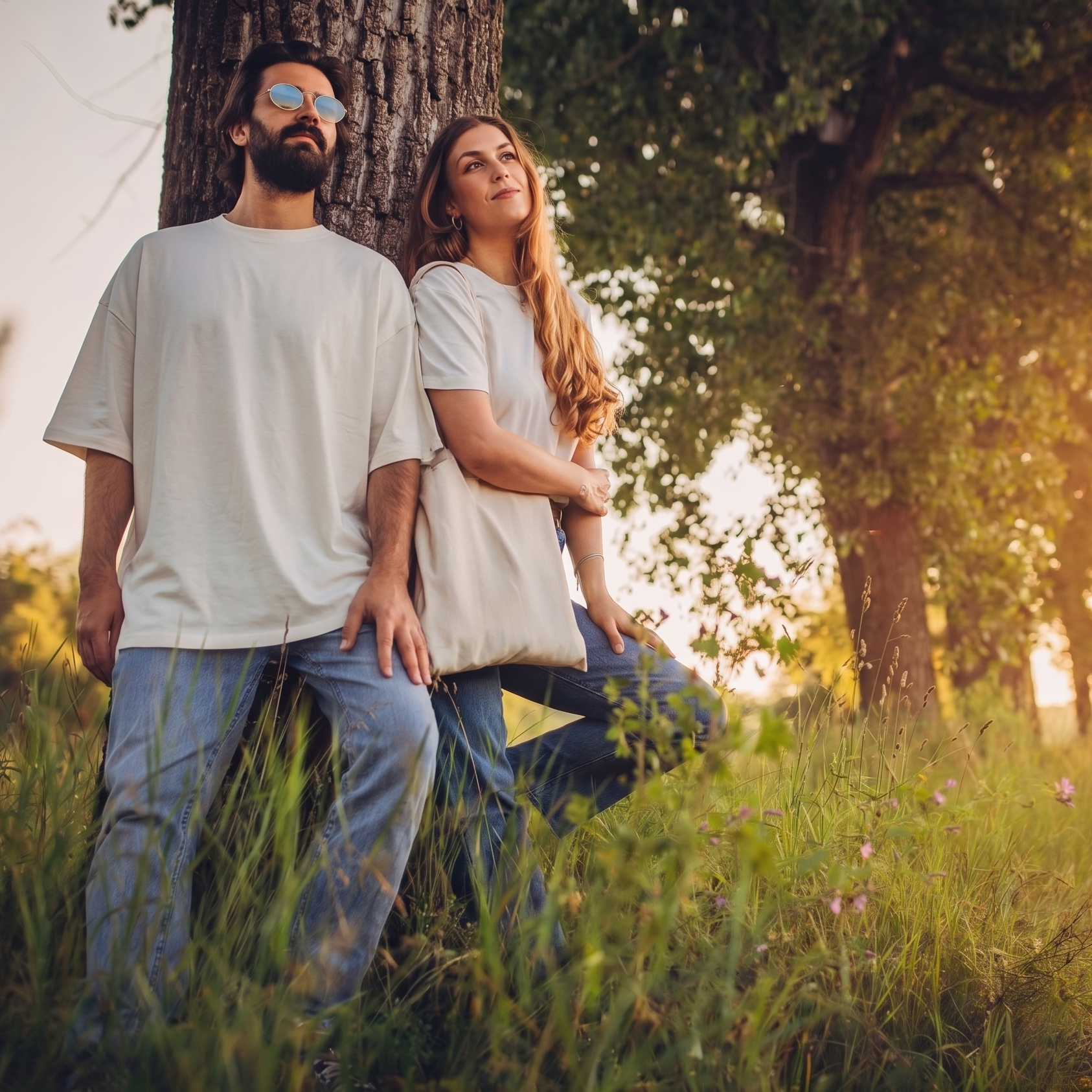 Two people standing under a tree in a sunlit field