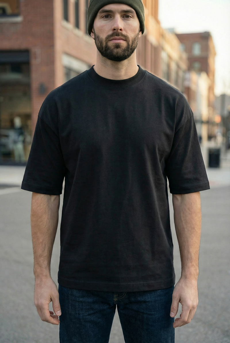 Men's Urban Classic Drop Shoulder T-Shirt – 240 GSM Heavyweight Cotton, Deep Matte Black
