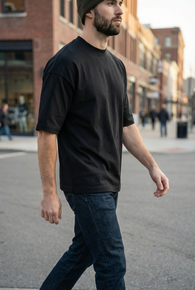 Men's Urban Classic Drop Shoulder T-Shirt – 240 GSM Heavyweight Cotton, Deep Matte Black