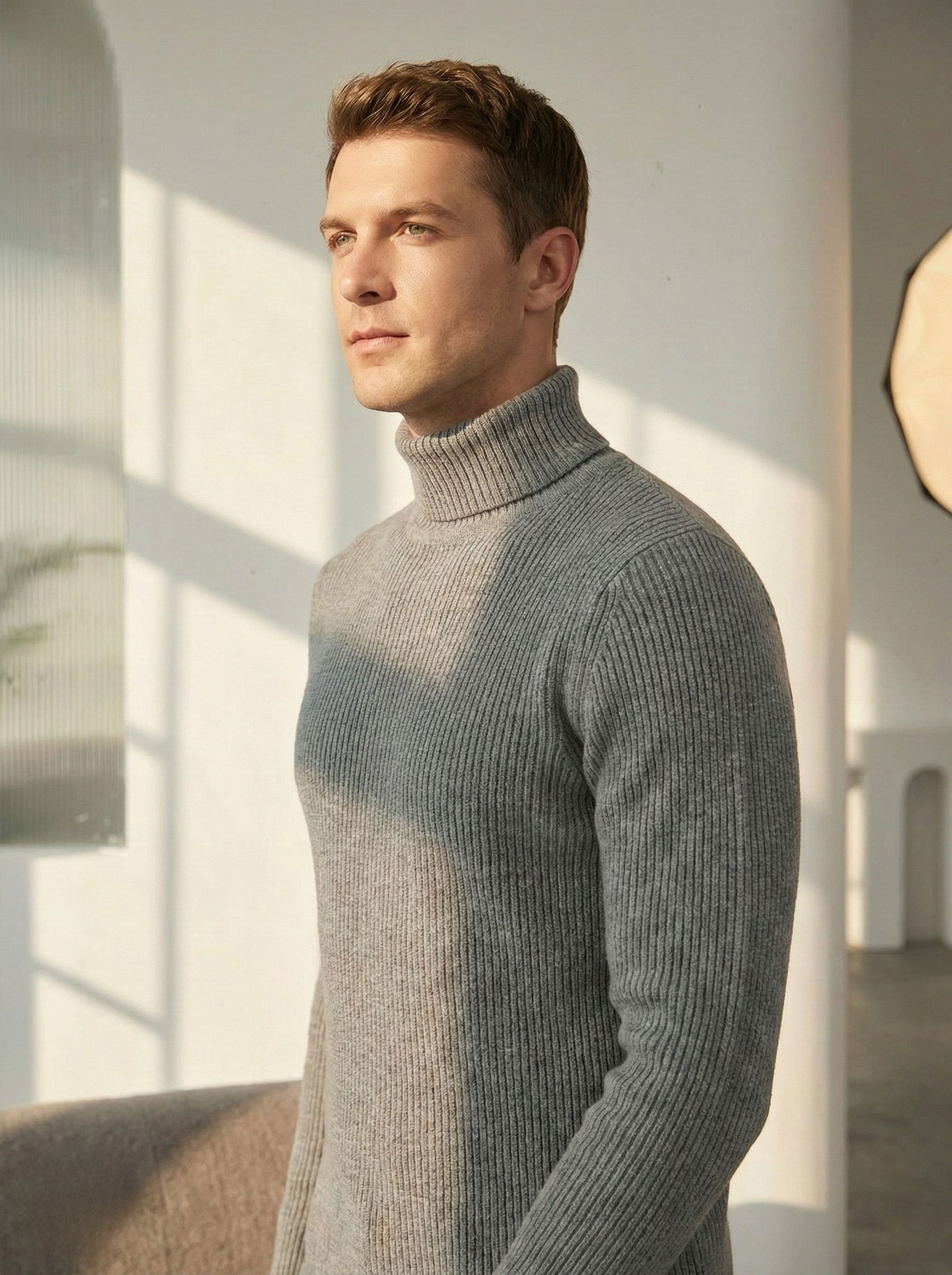 Turtleneck Men's Sweater Ribbed Grey